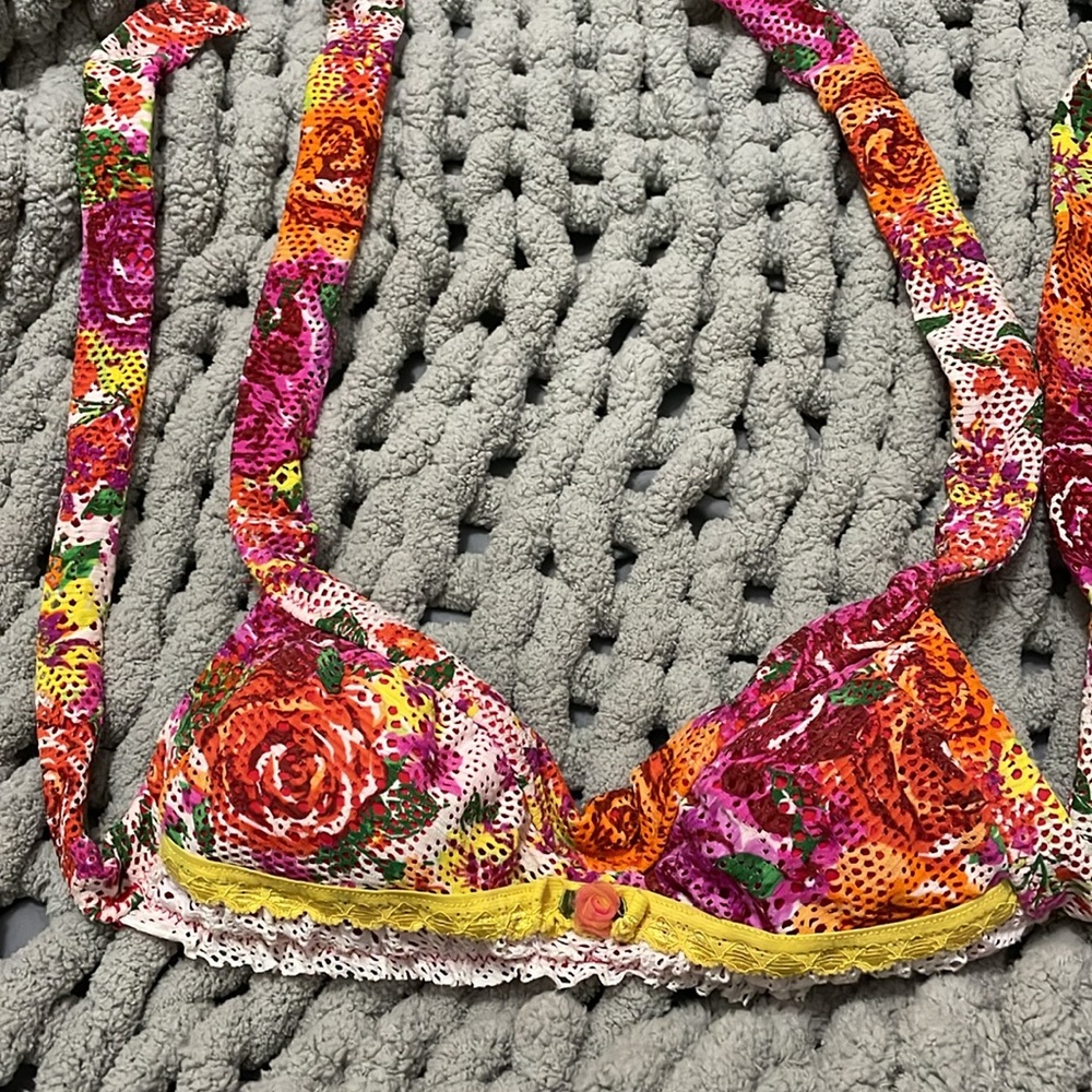 Vintage Betsey Johnson Pink and Red Lace Trim Small Bikini & red wrap skirt - Picture 10 of 10